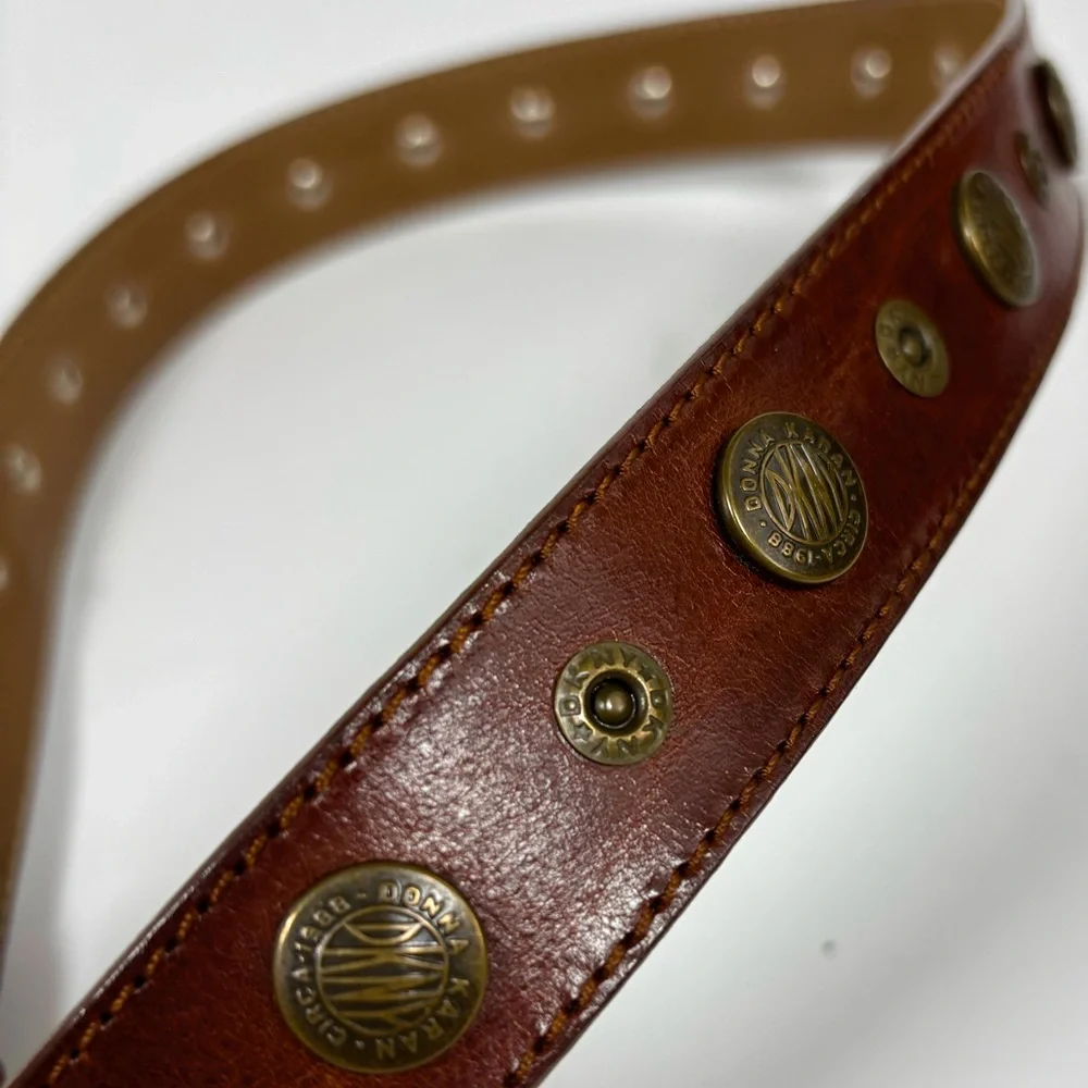 DKNY Leather Riveted Logo Belt Brown Brass‎ Vintage Size Small